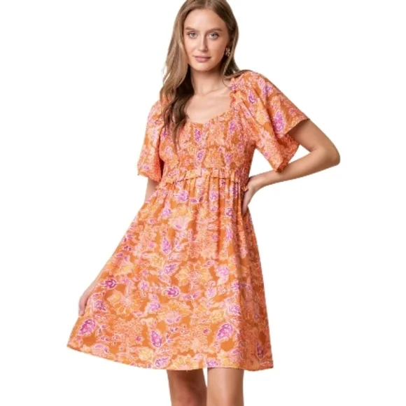 Doe & Rae Orange Smocked Mini Dress - Picture 3 of 10